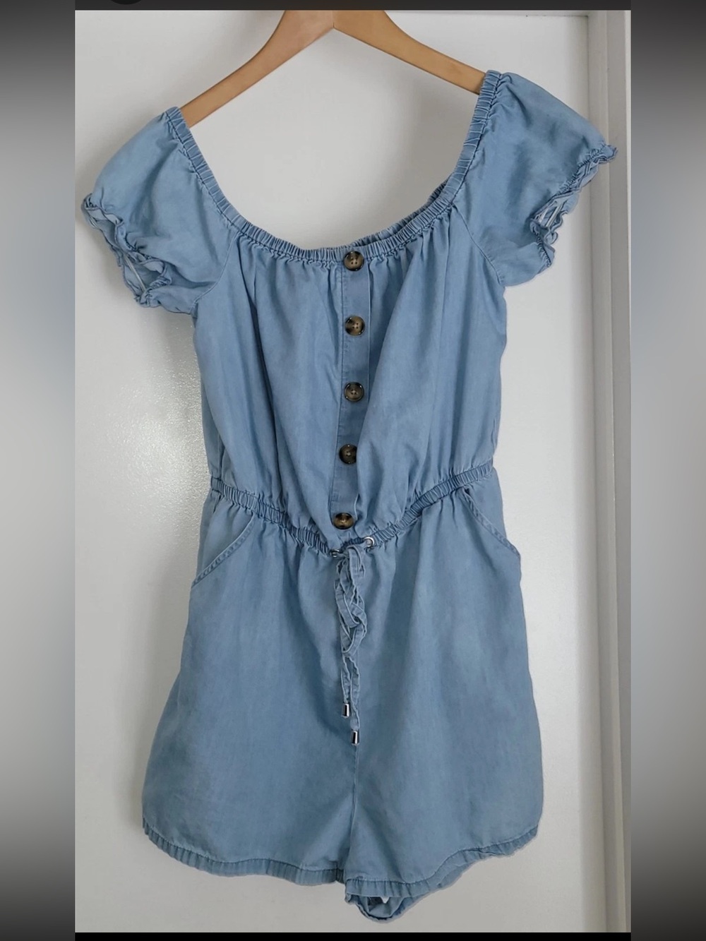 Guess Light Blue Off-Shoulder Button Romper
